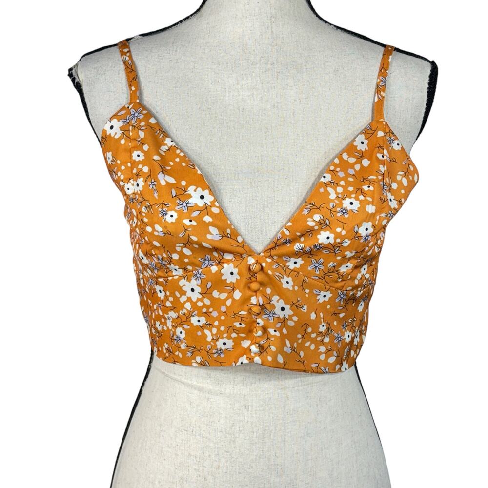 Cider Small Ditsy Crop Tank Top Floral V-Neck Smocked  Spaghetti Straps Yellow